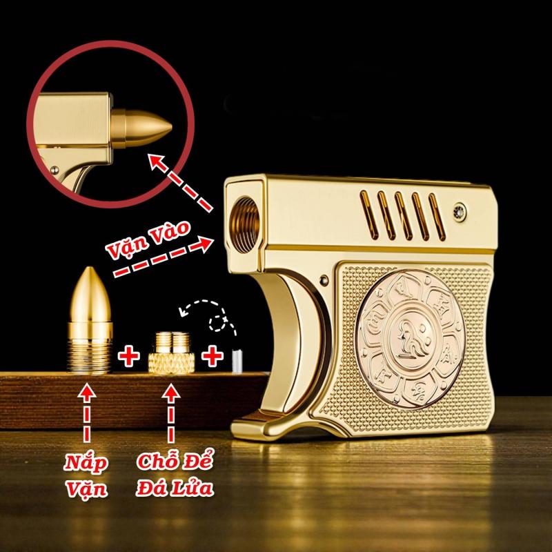 Bật lửa hình súng lục có vòng quay xả stress fullbox xài xăng