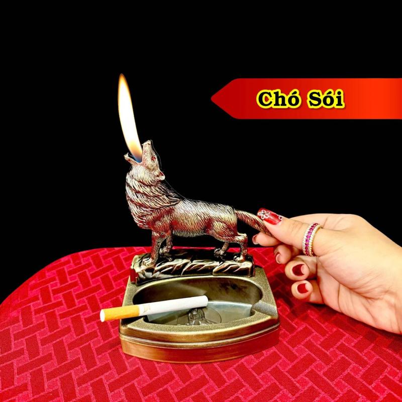 Bật lửa kiêm gạt tàn hình chó sói - Bật lửa để bàn xài gas