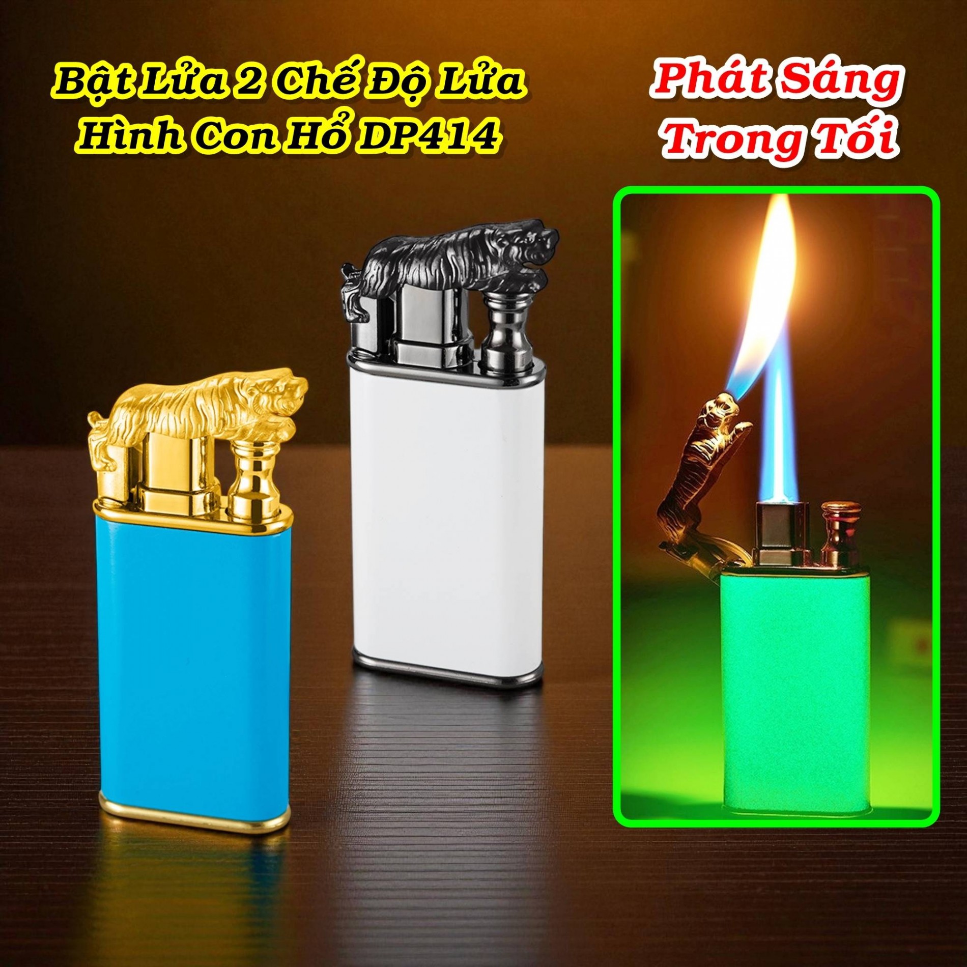Bật lửa 2 chế độ hình hổ DP414 dạ quang có hộp gas