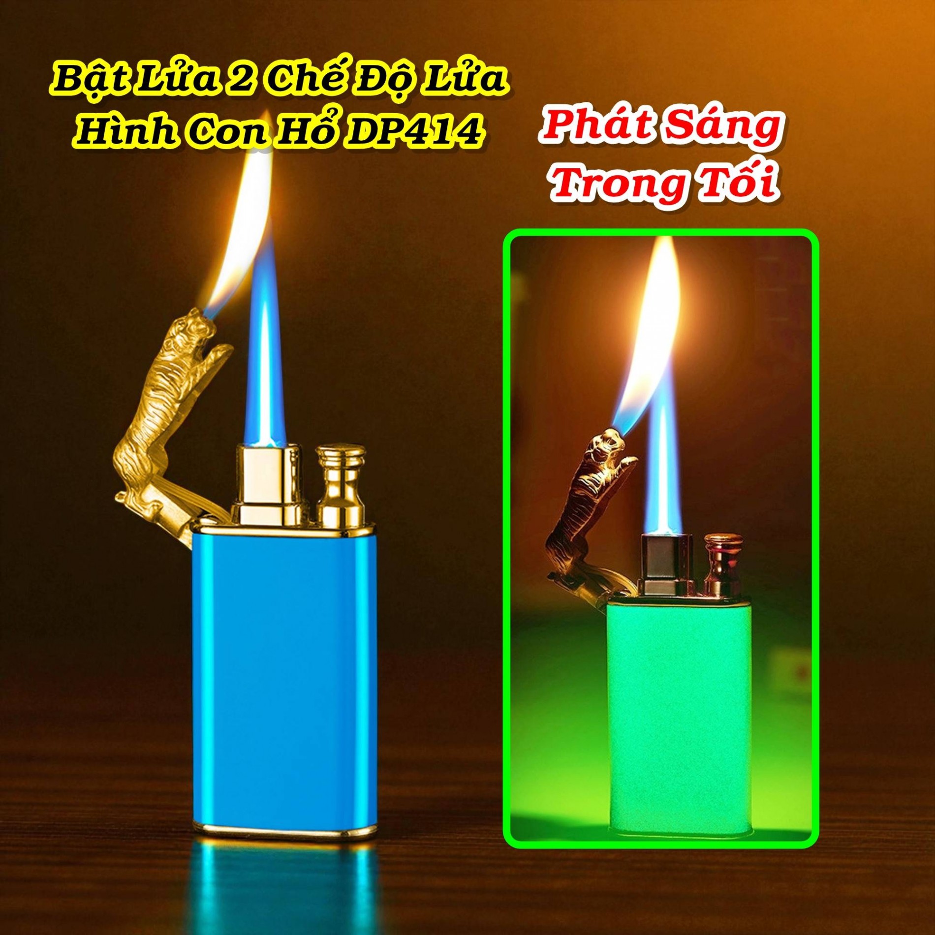 Bật lửa 2 chế độ hình hổ DP414 dạ quang có hộp gas