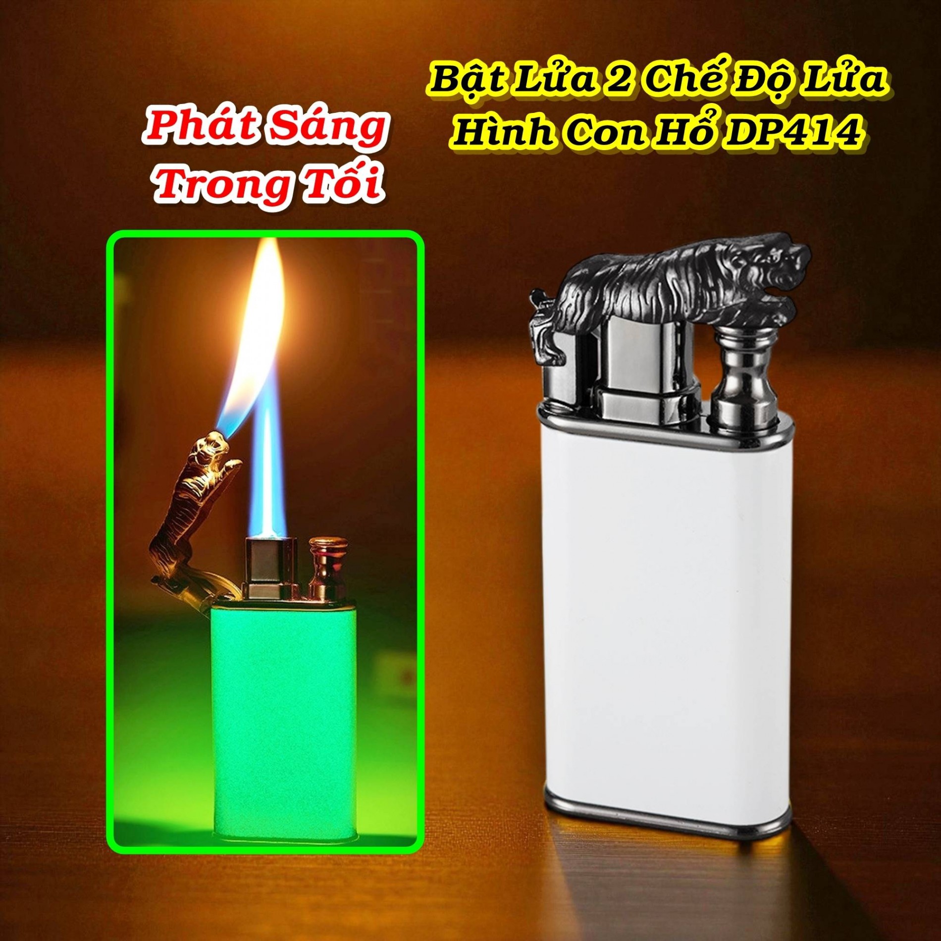 Bật lửa 2 chế độ hình hổ DP414 dạ quang có hộp gas