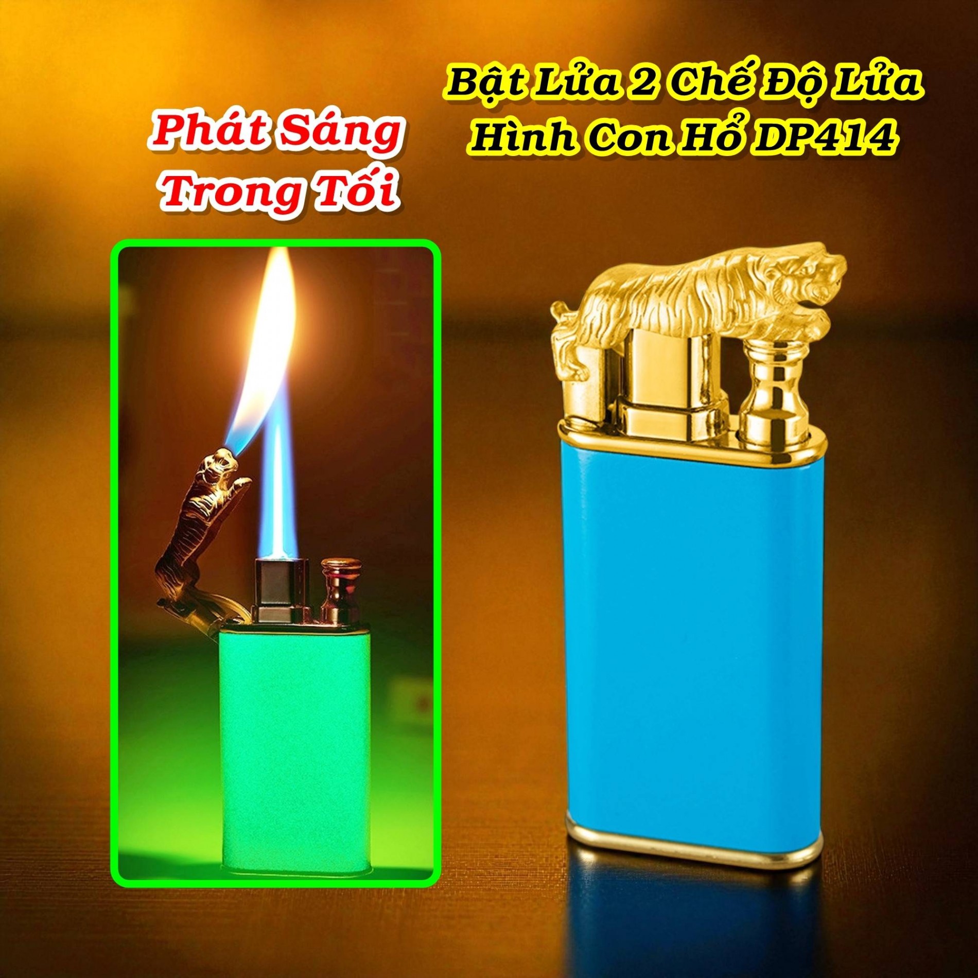 Bật lửa 2 chế độ hình hổ DP414 dạ quang có hộp gas