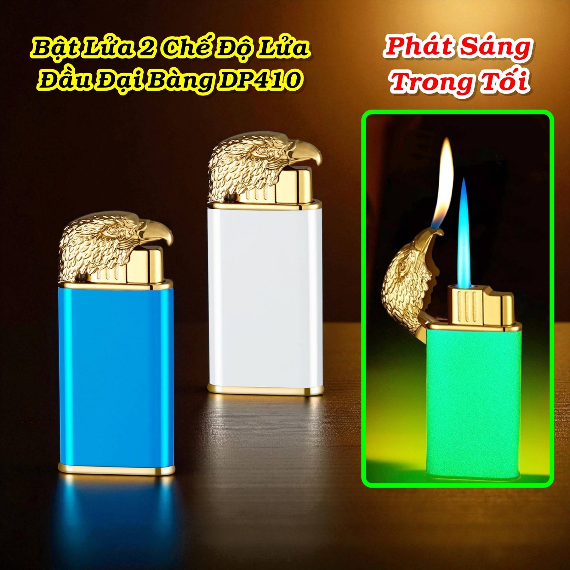 Bật lửa hình đầu đại bàng DP410 dạ quang có hộp - gas  2 chế độ lửa