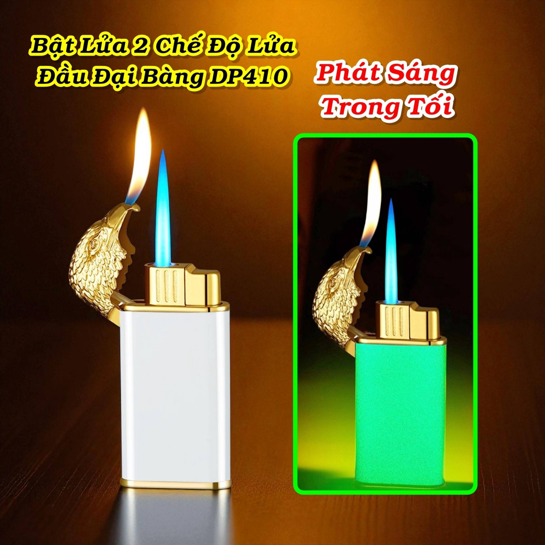 Bật lửa hình đầu đại bàng DP410 dạ quang có hộp - gas  2 chế độ lửa