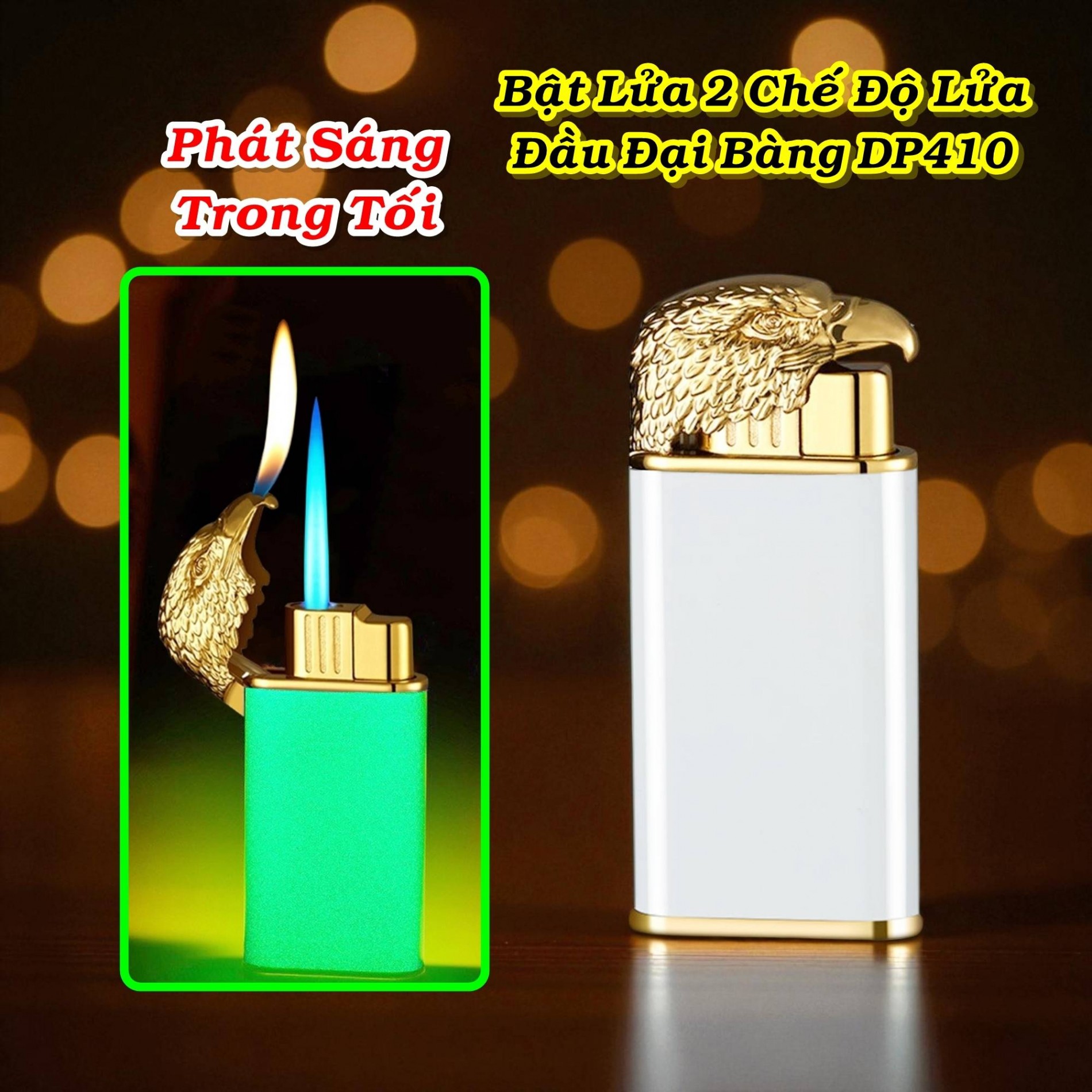 Bật lửa hình đầu đại bàng DP410 dạ quang có hộp - gas  2 chế độ lửa