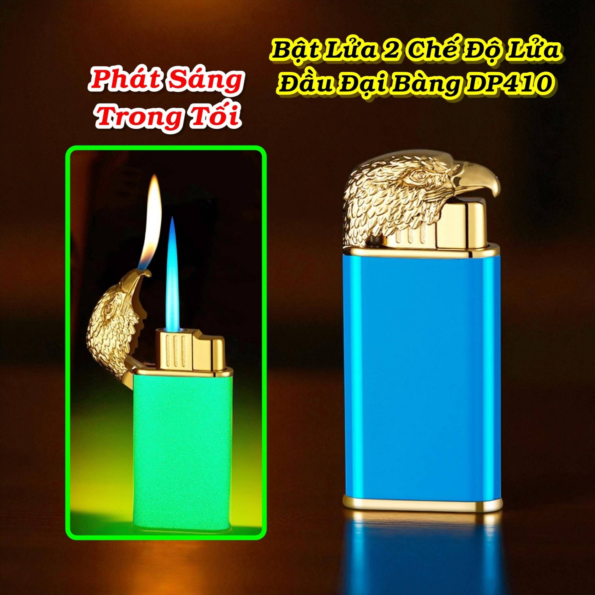 Bật lửa hình đầu đại bàng DP410 dạ quang có hộp - gas  2 chế độ lửa