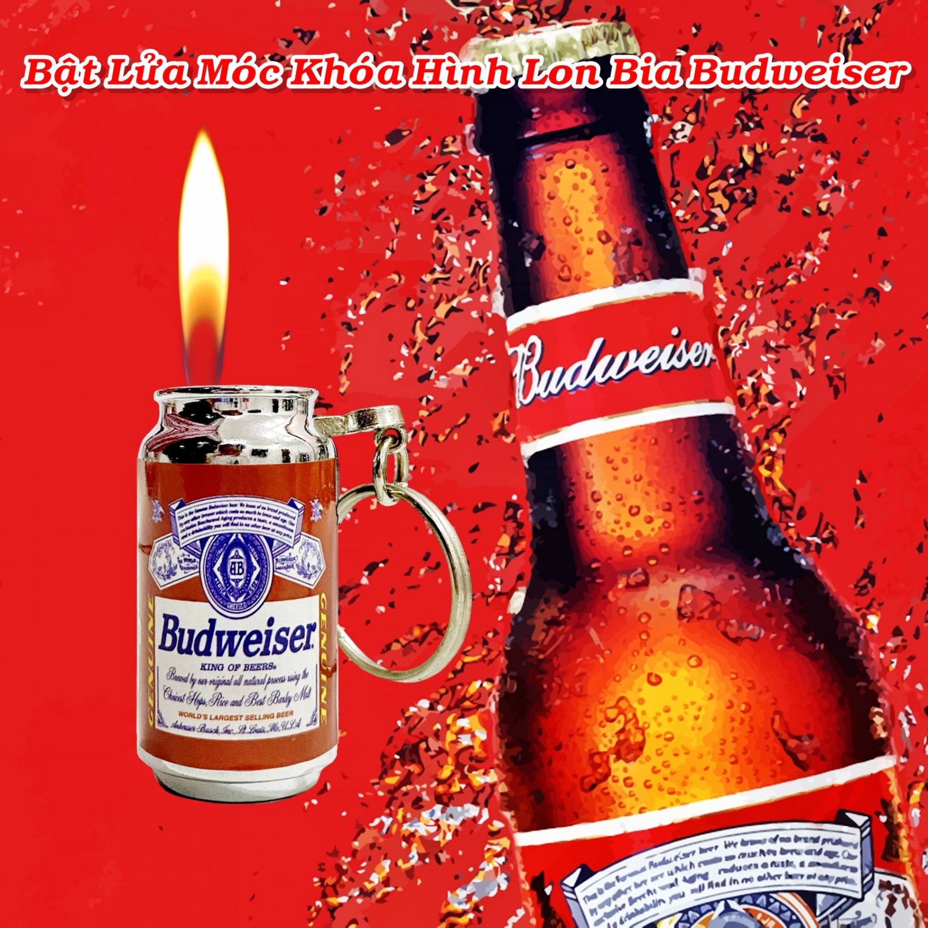 Bật lửa hình lon bia Budweiser có móc khóa xài gas