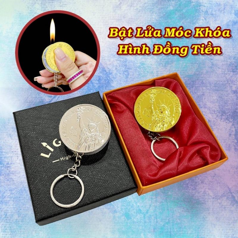 Bật lửa hình đồng tiền làm bằng kim loại có hộp - dùng gas