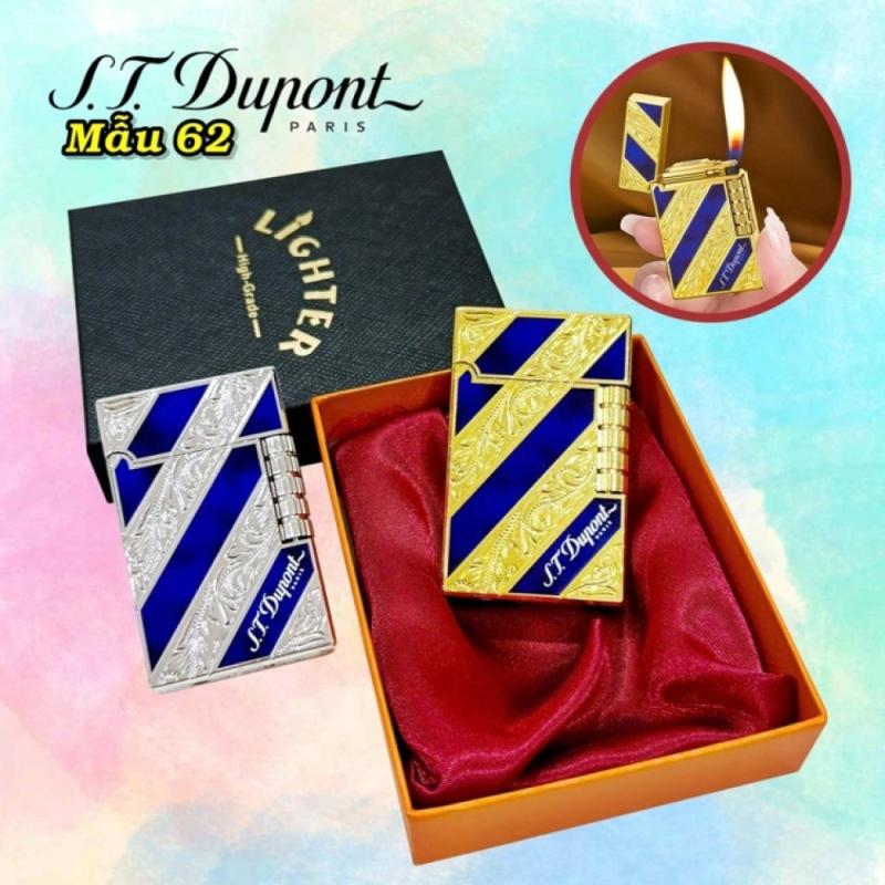 Bật lửa dupont hoa văn xéo 2 mặt màu xanh dương có hộp xài gas