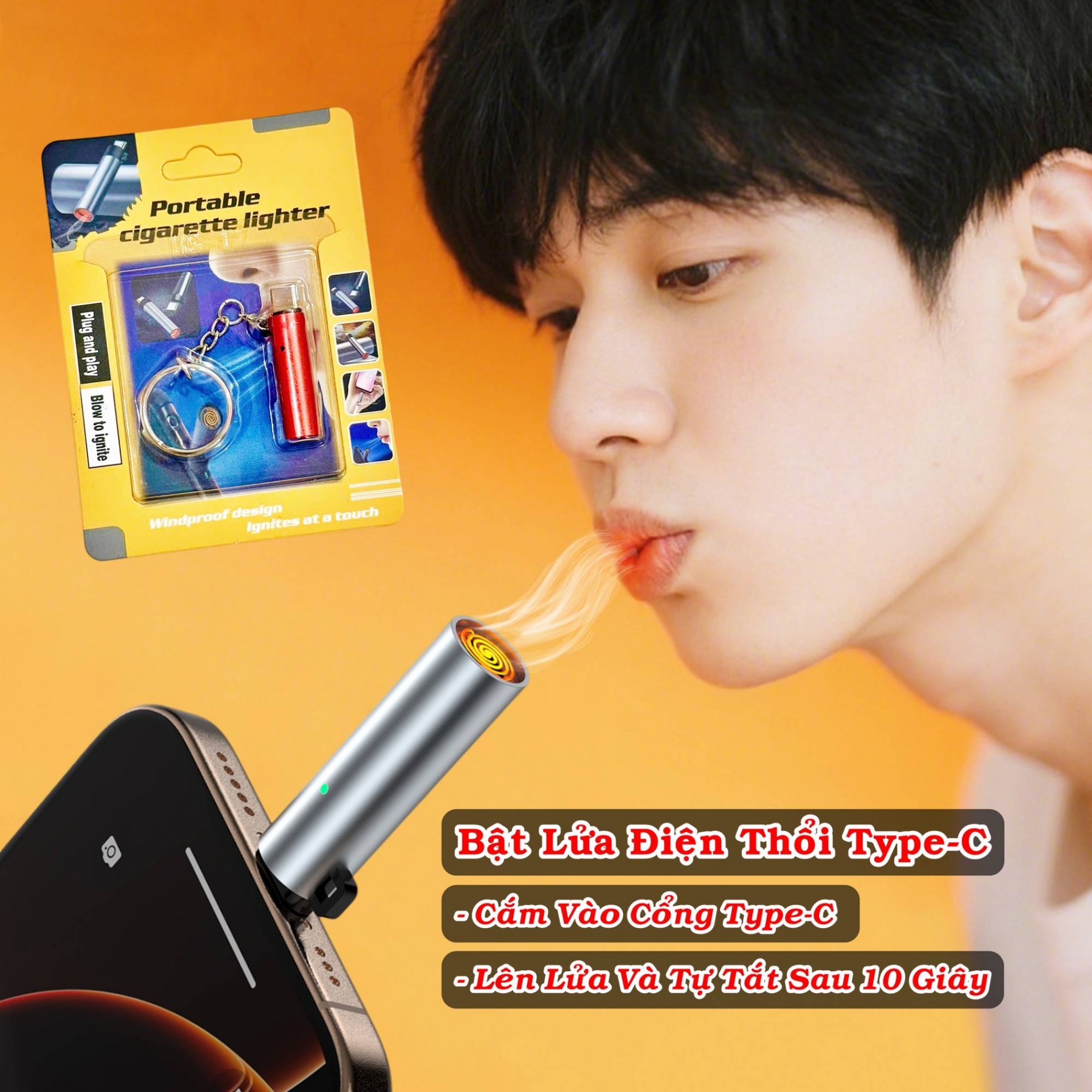 Bật lửa điện thổi có móc khoá (cắm trực tiếp vào cổng Type-C) kim loại