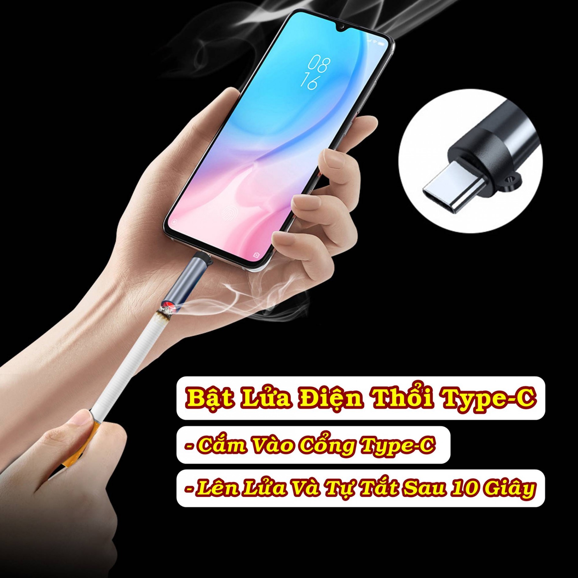 Bật lửa điện thổi có móc khoá (cắm trực tiếp vào cổng Type-C) kim loại