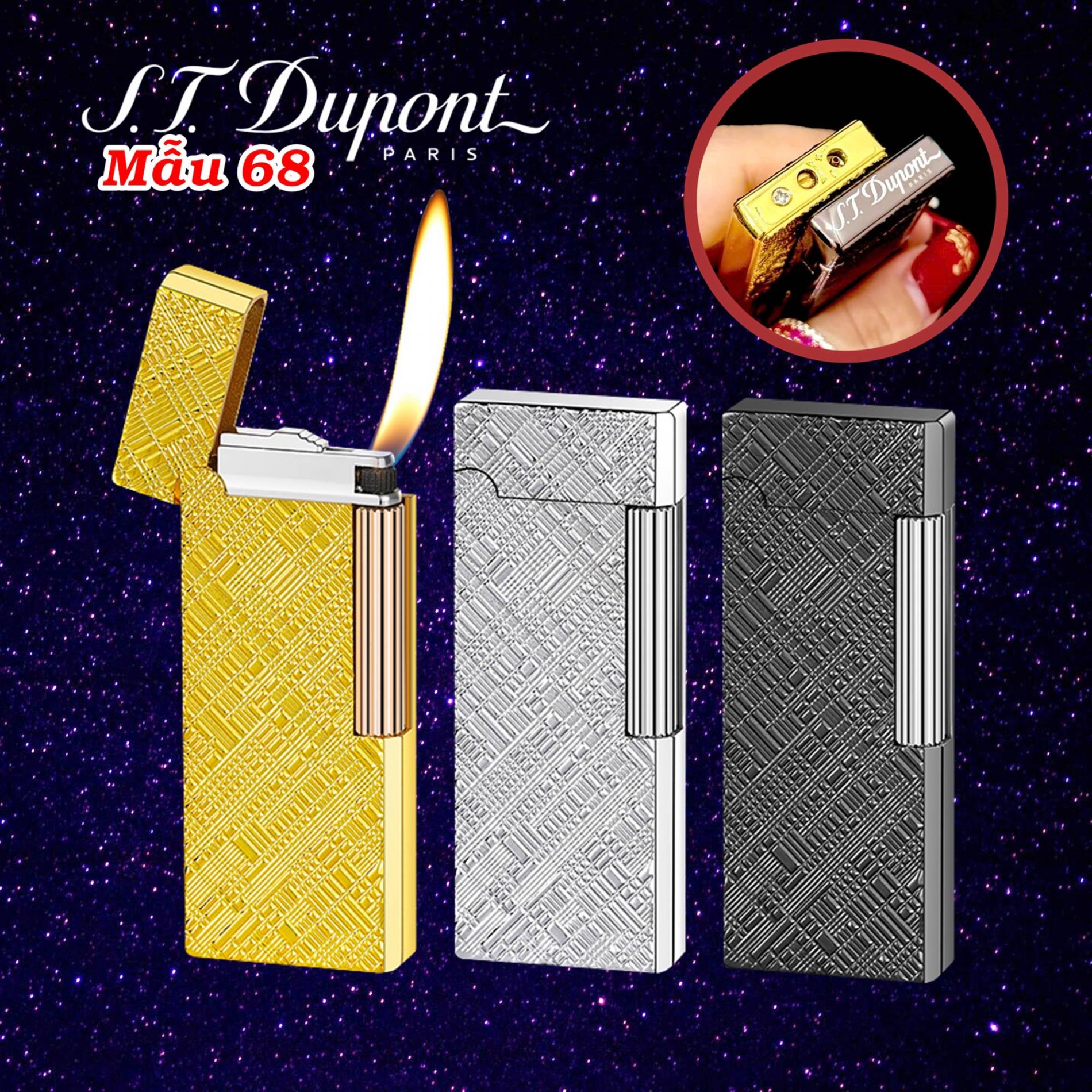 Bật lửa Dupont dài vân kim cương chéo m-68 xài gas