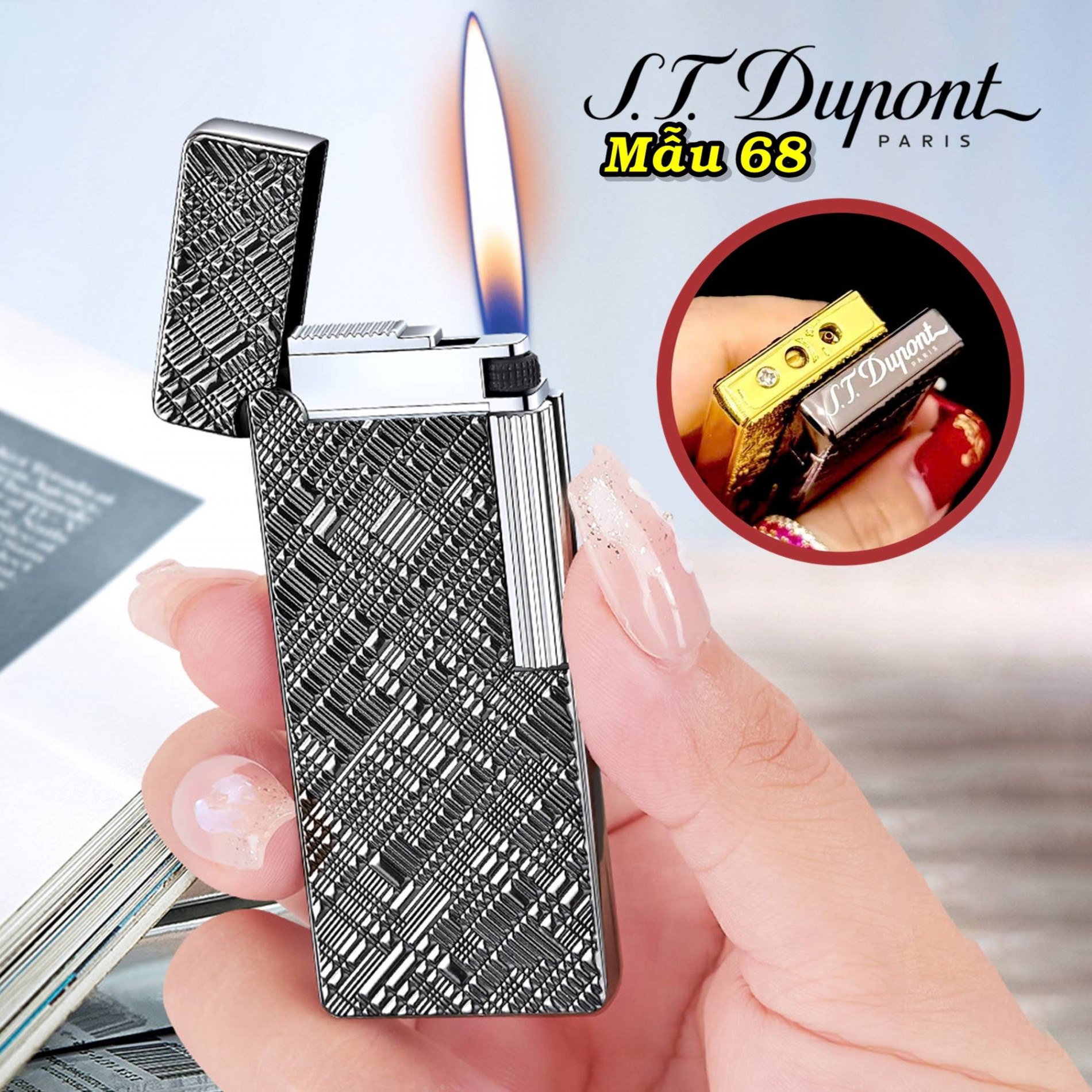 Bật lửa Dupont dài vân kim cương chéo m-68 xài gas