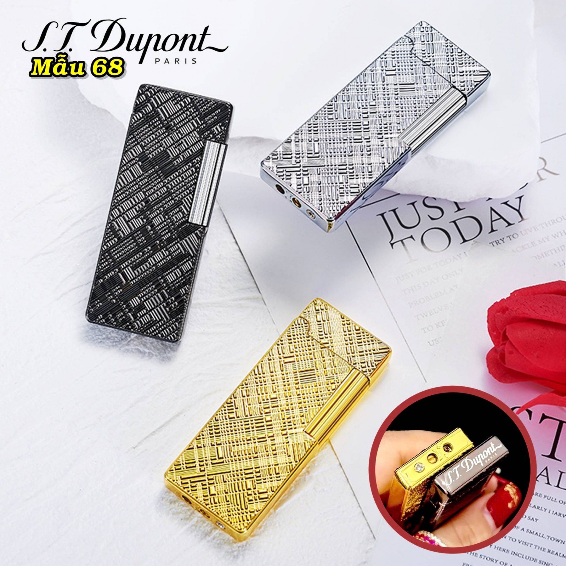 Bật lửa Dupont dài vân kim cương chéo m-68 xài gas