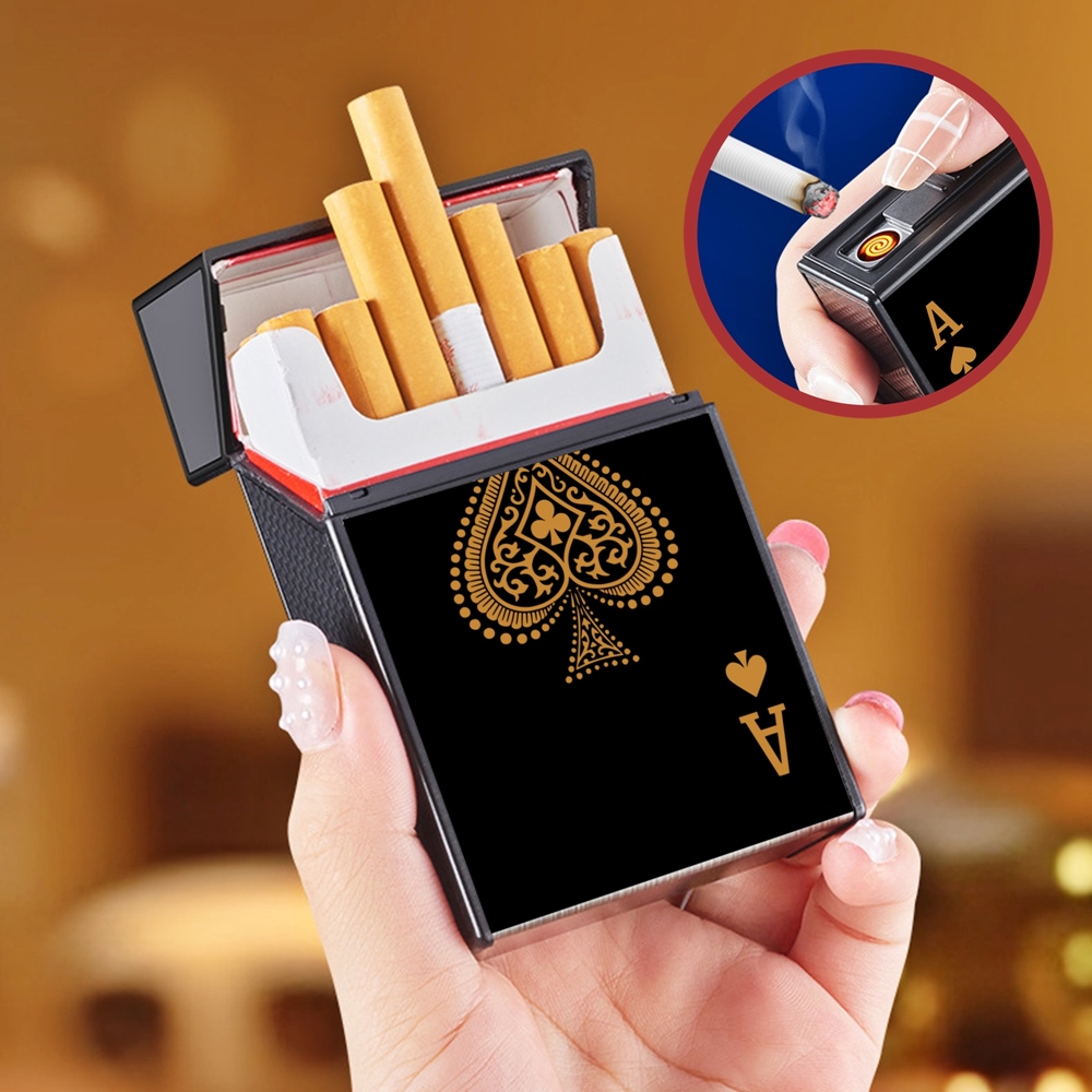 Bật lửa kiêm hộp thuốc hình lá bài đen để được 20 điếu thuốc sạc điện