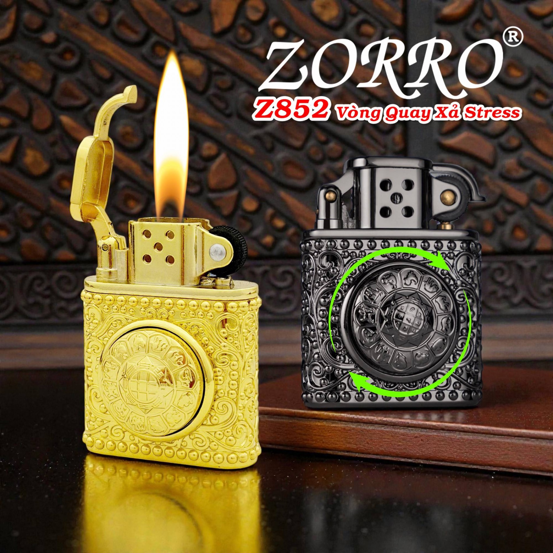 Bật lửa zorro z852 có vòng quay xả stress (vòng quay 12 con giáp) - (xài gas)