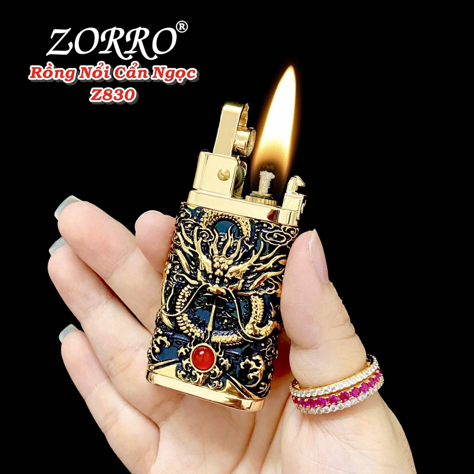 Bật lửa zorro xăng đá hình rồng nổi cẩn ngọc z830 - (xài xăng)